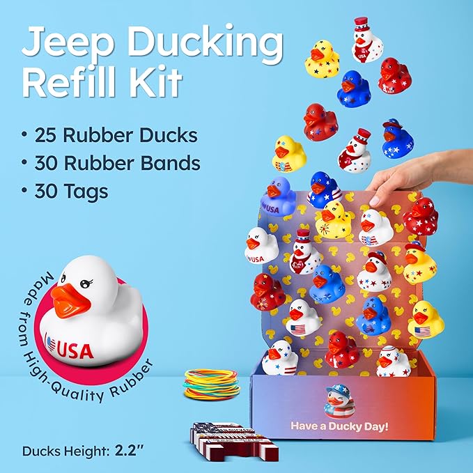 Jeep Ducks for Ducking Patriotic Refill Kit- 75 piece kit including 25 Rubber Ducks, 25 Jeep Ducking Cards & 25 Rubber Bands plus Official Duck Duck Jeep Mobile App - Happy Duckers