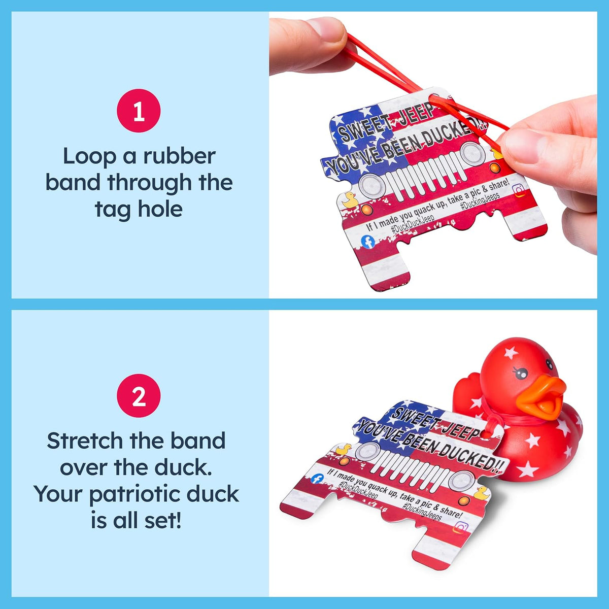 Jeep Ducks for Ducking Patriotic Refill Kit- 75 piece kit including 25 Rubber Ducks, 25 Jeep Ducking Cards & 25 Rubber Bands plus Official Duck Duck Jeep Mobile App - Happy Duckers