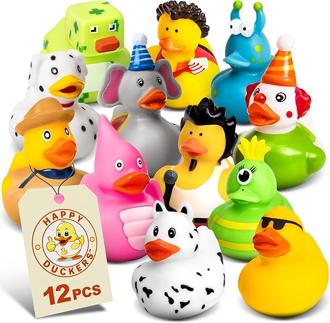Rubber Ducks - 12 Piece Bulk Pack for Bath, Pool, Party, Cruise, Jeep Ducking, Decoration & More - Small Assorted Funny Toy Duckies