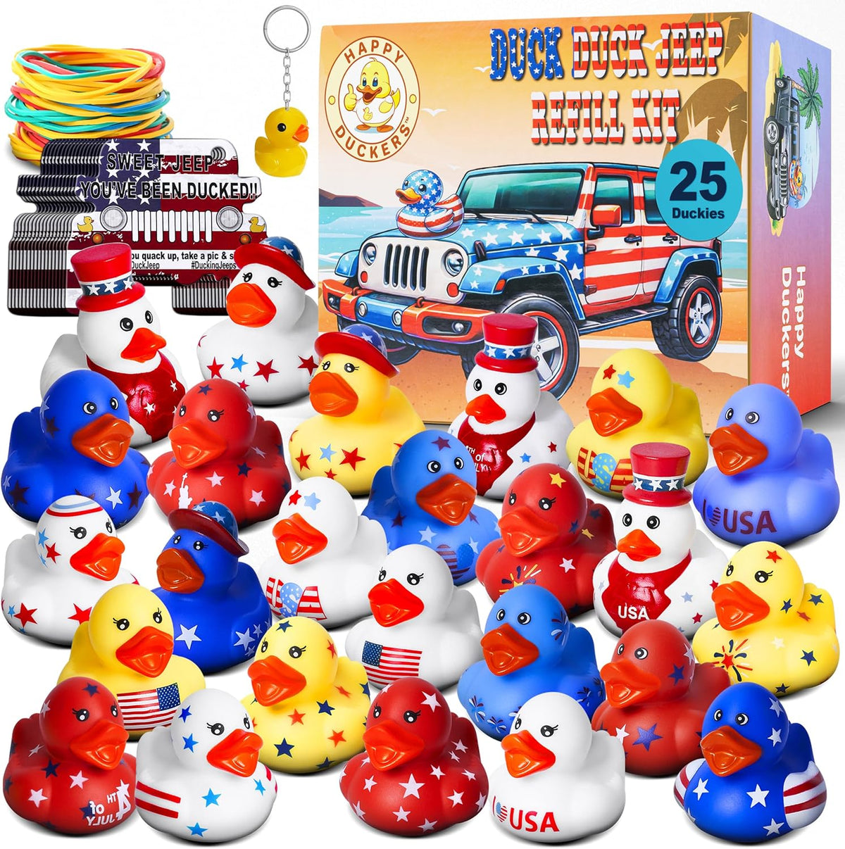Jeep Ducks for Ducking Patriotic Refill Kit- 75 piece kit including 25 Rubber Ducks, 25 Jeep Ducking Cards & 25 Rubber Bands plus Official Duck Duck Jeep Mobile App - Happy Duckers