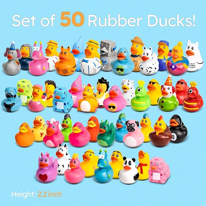 Rubber Ducks - 50 Piece Bulk Pack for Bath, Pool, Party, Cruise, Jeep Ducking, Decoration & More - Small Assorted Funny Toy Duckies with Gift Box