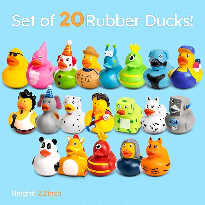 Rubber Ducks - 20 Piece Bulk Pack for Bath, Pool, Party, Cruise, Jeep Ducking, Decoration & More - Small Assorted Funny Toy Duckies