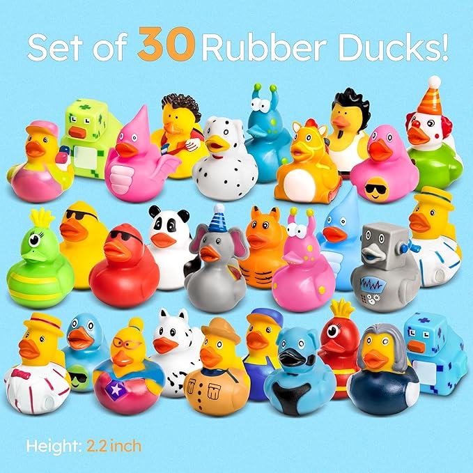 Rubber Ducks - 30 Piece Bulk Pack for Bath, Pool, Party, Cruise, Jeep Ducking, Decoration & More - Small Assorted Funny Toy Duckies with Gift Box