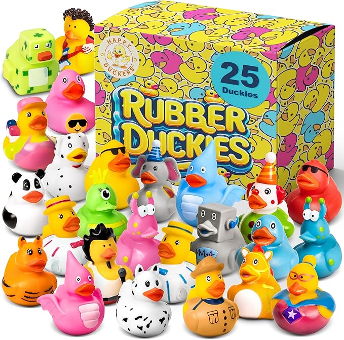 Rubber Ducks - 25 Piece Bulk Pack for Bath, Pool, Party, Cruise, Jeep Ducking, Decoration & More - Small Assorted Funny Toy Duckies with Gift Box