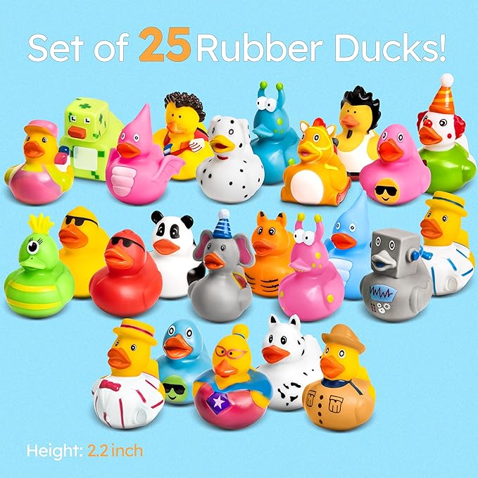 Rubber Ducks - 25 Piece Bulk Pack for Bath, Pool, Party, Cruise, Jeep Ducking, Decoration & More - Small Assorted Funny Toy Duckies with Gift Box